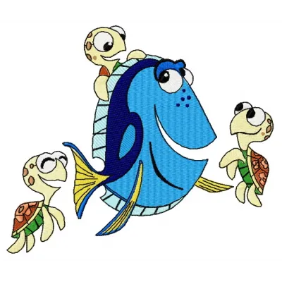 Dory and little turtles embroidery design featuring colorful marine life, perfect for stitching on shirts and bags.