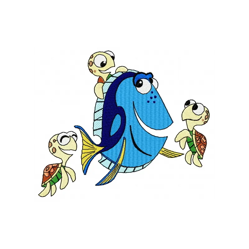 Dory and little turtles embroidery design featuring colorful marine life, perfect for stitching on shirts and bags.