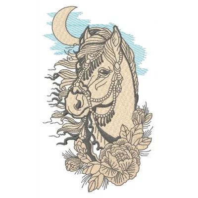 Horse in moonlight embroidery design showcasing a majestic horse silhouette against a glowing moon backdrop.