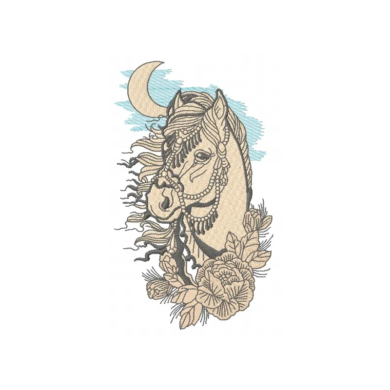 Horse in moonlight embroidery design showcasing a majestic horse silhouette against a glowing moon backdrop.