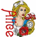 Alice embroidery design featuring whimsical elements from Alice in Wonderland, perfect for stitching on t-shirts or pillows.