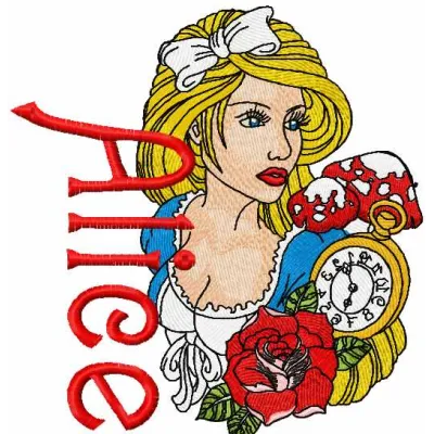 Alice embroidery design featuring whimsical elements from Alice in Wonderland, perfect for stitching on t-shirts or pillows.