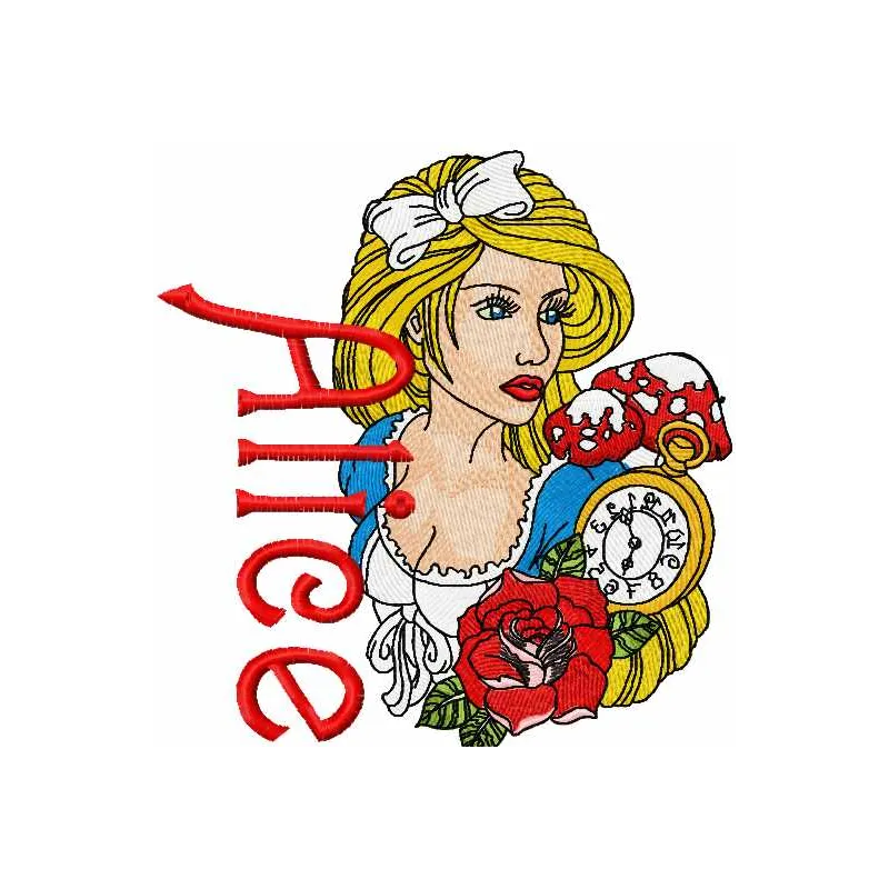 Alice embroidery design featuring whimsical elements from Alice in Wonderland, perfect for stitching on t-shirts or pillows.