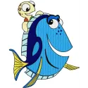 Embroidery design featuring Dory and a little turtle from Finding Nemo, perfect for kids' apparel and accessories.