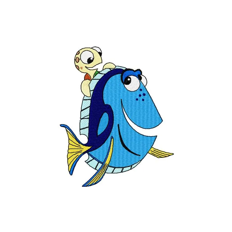 Embroidery design featuring Dory and a little turtle from Finding Nemo, perfect for kids' apparel and accessories.