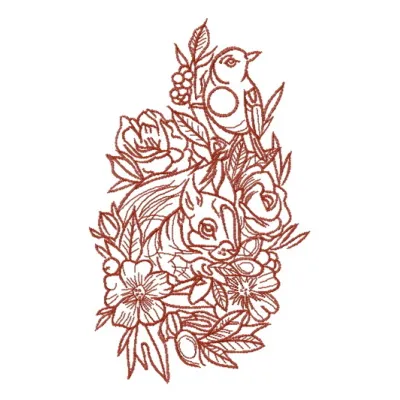Squirrel and bird one color embroidery design featuring woodland animals, perfect for nature-themed stitching projects.