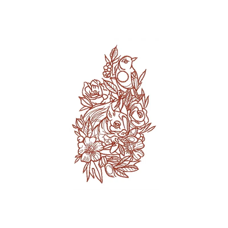 Squirrel and bird one color embroidery design featuring woodland animals, perfect for nature-themed stitching projects.