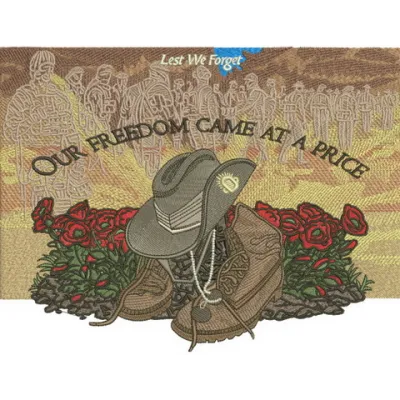 Embroidery design featuring the phrase 'Our freedom came at a price', ideal for patriotic stitching projects.