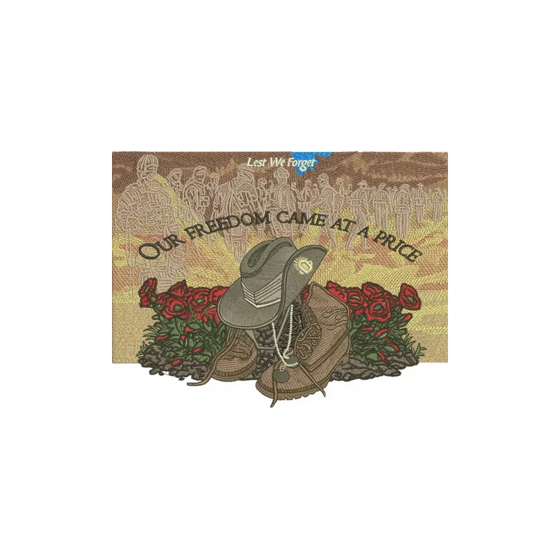 Embroidery design featuring the phrase 'Our freedom came at a price', ideal for patriotic stitching projects.