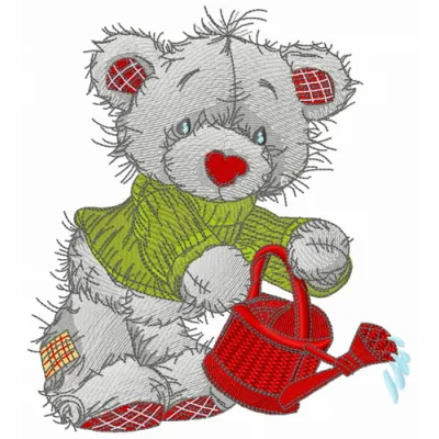 Preview of a Bear with red watering can embroidery design, showcasing a cute teddy bear motif for stitching.