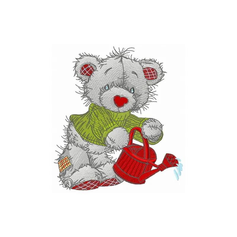 Preview of a Bear with red watering can embroidery design, showcasing a cute teddy bear motif for stitching.
