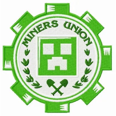 Miners Union logo embroidery design featuring iconic elements from Minecraft, ideal for creative stitching projects.