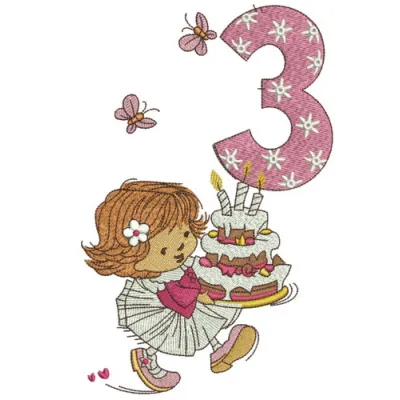 Charming girl's 3rd birthday embroidery design featuring playful motifs, perfect for customizing baby onesies or party décor.