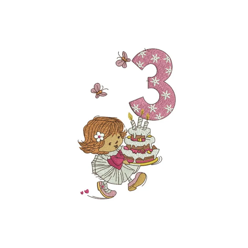 Charming girl's 3rd birthday embroidery design featuring playful motifs, perfect for customizing baby onesies or party décor.