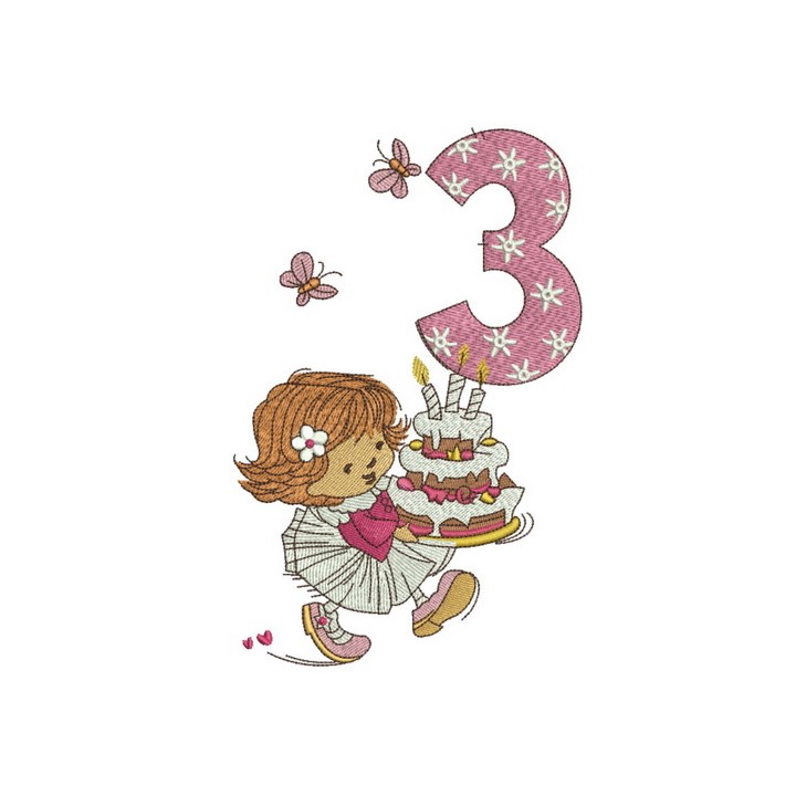 Girl's 3rd birthday embroidery design - Embroidery Design