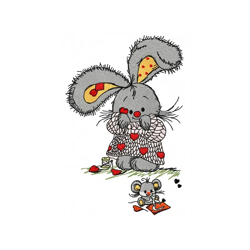 Bunny and tiny mouse embroidery design showcasing playful stitched motifs for crafting projects.