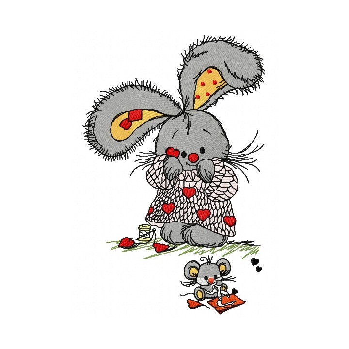 Bunny and tiny mouse embroidery design - Embroidery Design
