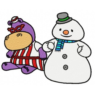 Hallie Hippo and snowman embroidery design - Embroidery Design