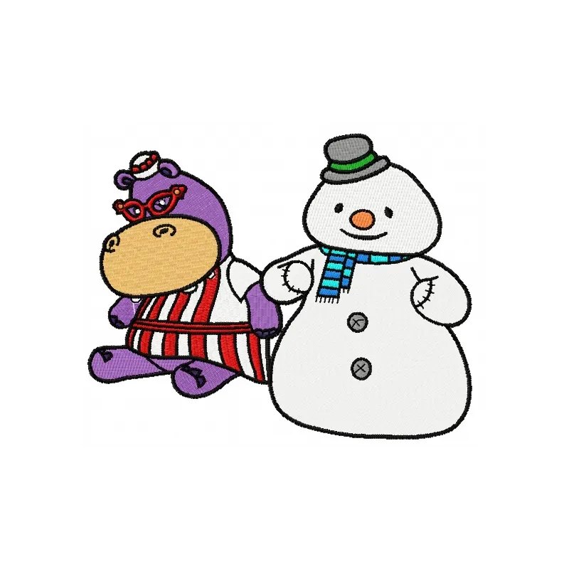 Hallie Hippo and snowman embroidery design featuring playful characters from Doc McStuffins collection.