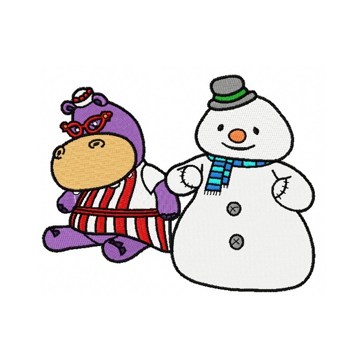 Hallie Hippo and snowman embroidery design - Embroidery Design