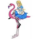 Preview of Alice on flamingo embroidery design from the Alice in Wonderland collection, showcasing whimsical motifs.