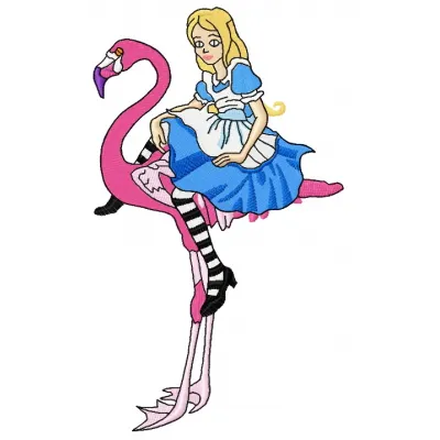 Preview of Alice on flamingo embroidery design from the Alice in Wonderland collection, showcasing whimsical motifs.