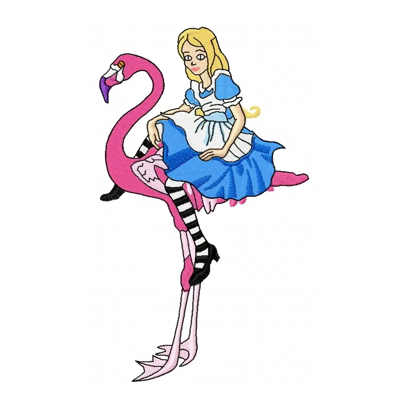 Preview of Alice on flamingo embroidery design from the Alice in Wonderland collection, showcasing whimsical motifs.