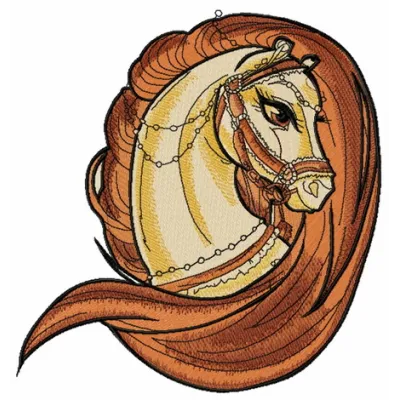 Brown horse head embroidery design featuring intricate details, perfect for stitching on apparel or home decor.
