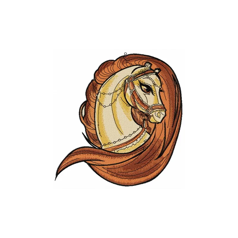 Brown horse head embroidery design featuring intricate details, perfect for stitching on apparel or home decor.