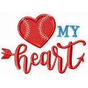 Preview of the 'My Baseball Heart' embroidery design showcasing a heartfelt quote suitable for stitching on apparel.