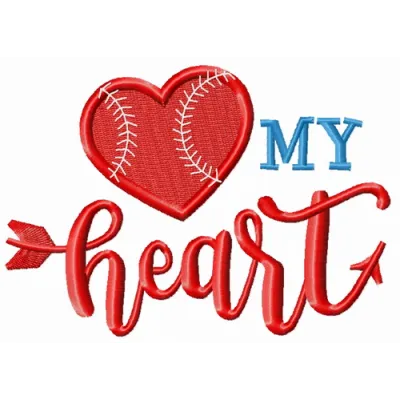 Preview of the 'My Baseball Heart' embroidery design showcasing a heartfelt quote suitable for stitching on apparel.