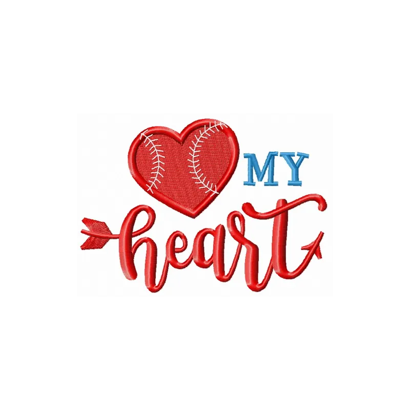 Preview of the 'My Baseball Heart' embroidery design showcasing a heartfelt quote suitable for stitching on apparel.