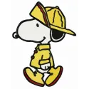 Snoopy in a bright raincoat embroidery design, showcasing a playful stitched motif for creative projects.