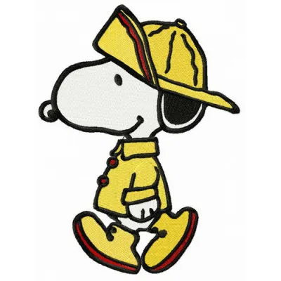 Snoopy in a bright raincoat embroidery design, showcasing a playful stitched motif for creative projects.