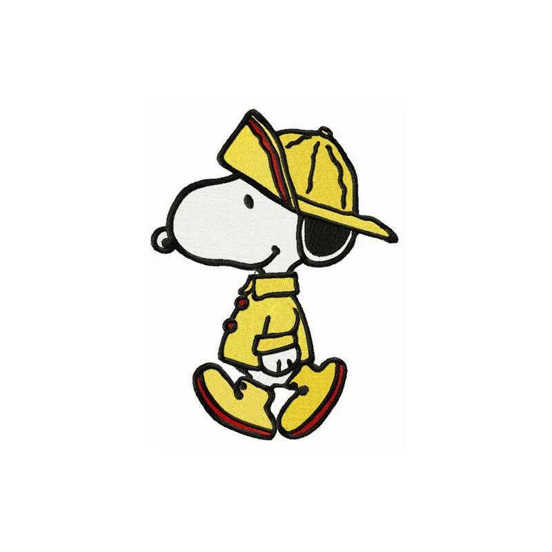Snoopy in a bright raincoat embroidery design, showcasing a playful stitched motif for creative projects.