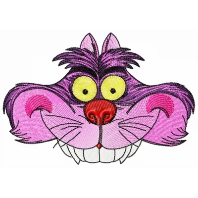 Cheshire cat hat embroidery design inspired by Alice in Wonderland, featuring whimsical stitched motifs for creative project…