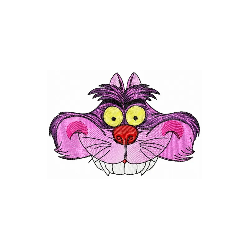 Cheshire cat hat embroidery design inspired by Alice in Wonderland, featuring whimsical stitched motifs for creative project…