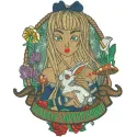 Follow White Rabbit embroidery design featuring whimsical details inspired by Alice in Wonderland.