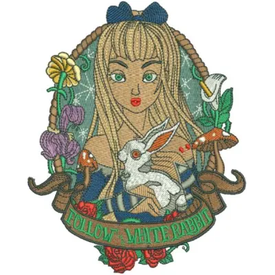 Follow White Rabbit embroidery design featuring whimsical details inspired by Alice in Wonderland.