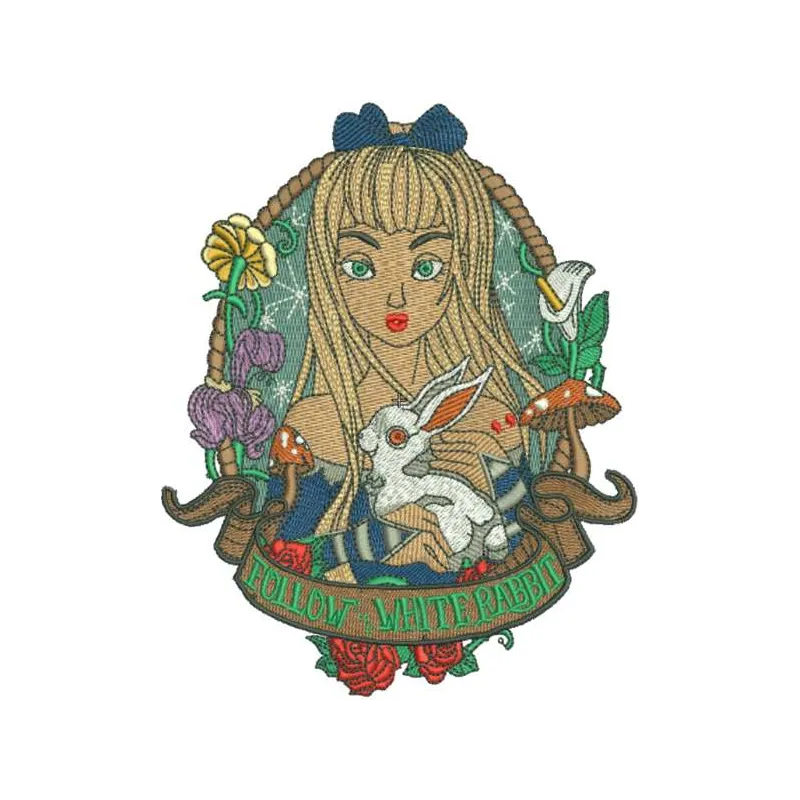Follow White Rabbit embroidery design featuring whimsical details inspired by Alice in Wonderland.
