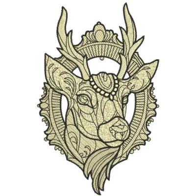 Deer head embroidery design showcasing intricate stitching patterns, ideal for woodland-themed projects.