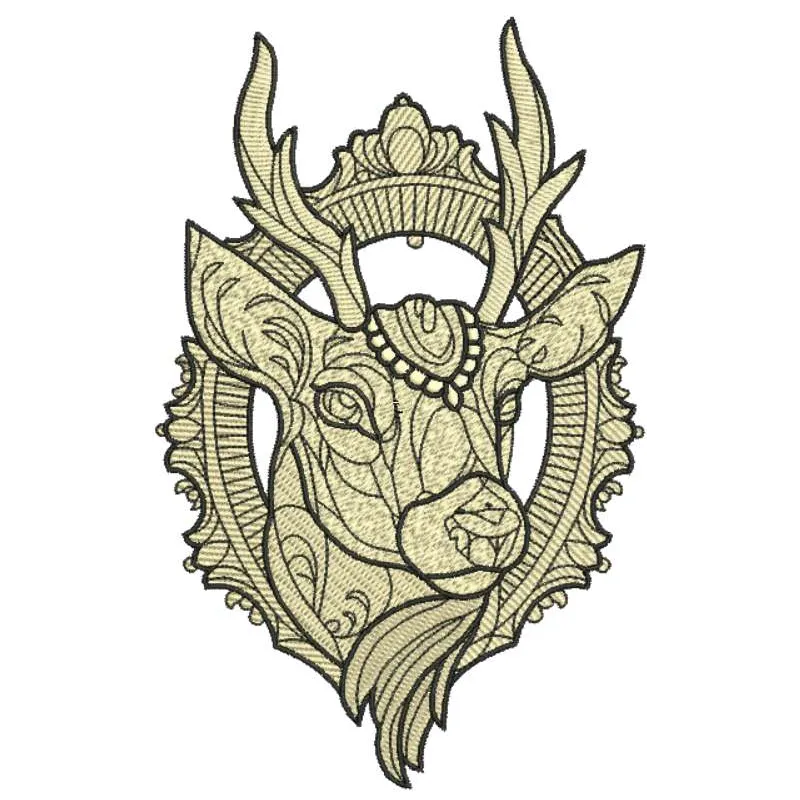 Deer head embroidery design showcasing intricate stitching patterns, ideal for woodland-themed projects.
