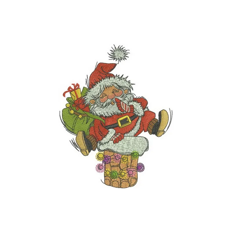 Santa Claus embroidery design featuring Santa near a chimney, perfect for festive projects and holiday gifts.
