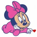 Embroidery design of Baby Minnie Mouse with a tiny heart, perfect for decorating baby onesies and blankets.