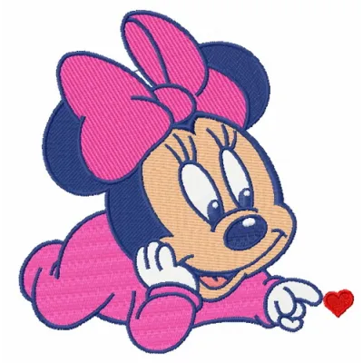 Embroidery design of Baby Minnie Mouse with a tiny heart, perfect for decorating baby onesies and blankets.