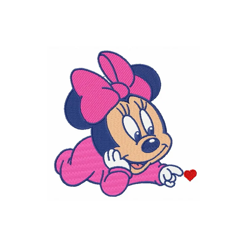 Embroidery design of Baby Minnie Mouse with a tiny heart, perfect for decorating baby onesies and blankets.