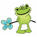 Froglet embroidery design featuring a delicate forget-me-not flower, ideal for stitching on various fabric items.