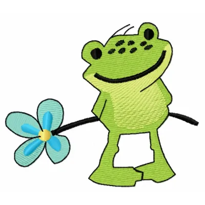 Froglet embroidery design featuring a delicate forget-me-not flower, ideal for stitching on various fabric items.