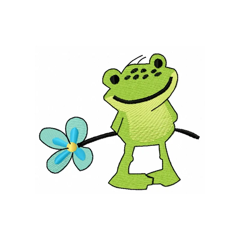 Froglet embroidery design featuring a delicate forget-me-not flower, ideal for stitching on various fabric items.