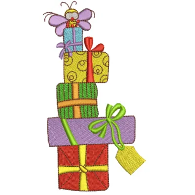 Colorful birthday presents embroidery design featuring festive motifs for joyful stitching projects.